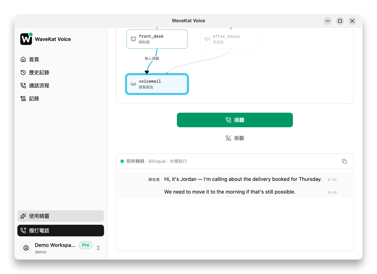 WaveKat Voice 的通話流程正在錄留言，旁邊是即時文字稿和一個接聽按鈕